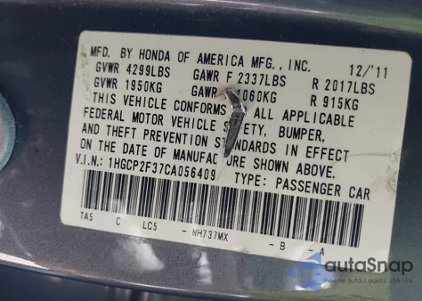 2012 Honda Accord 2.4 Lx z USA, uszkodzony, nr VIN 1HGCP2F37CA056409